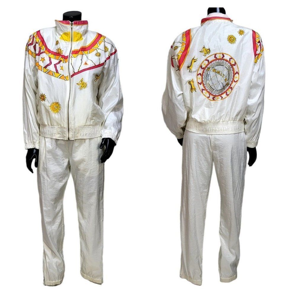 Vintage Le Coq Sportif White Celestial Sun Zodiac Nylon Tracksuit Set Small NWT